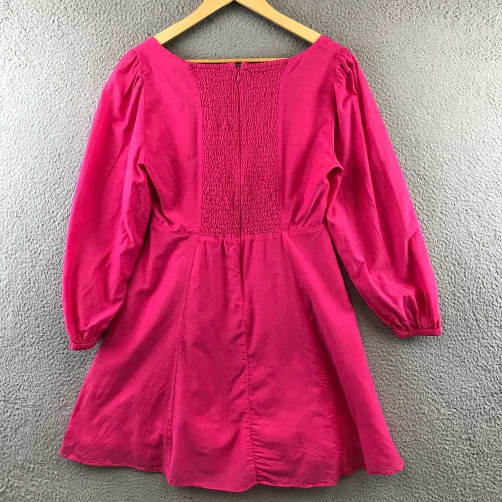 J. Crew Hot Pink Square Neck Smocked Bodice Tie Front Puff Sleeve Mini‎ Dress 6 - Picture 2 of 10